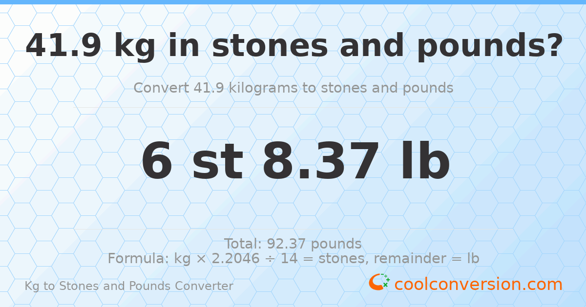 41.90 kg to stones and pounds — 41.90 kg = 6 st 8.37 lb