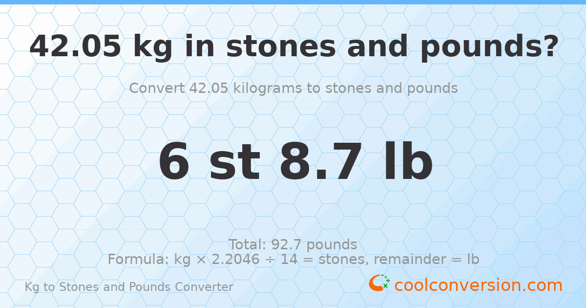 42.05 kg to stones and pounds — 42.05 kg = 6 st 8.70 lb