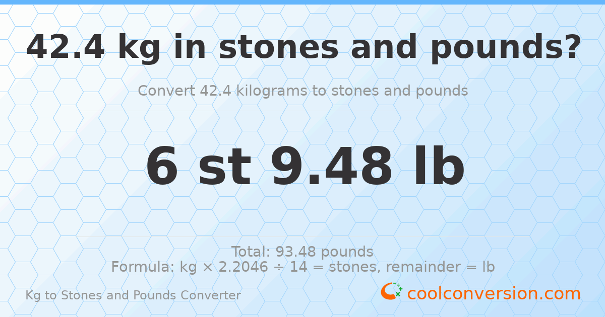 42.4 kg to stones and pounds — 42.4 kg = 6 st 9.48 lb