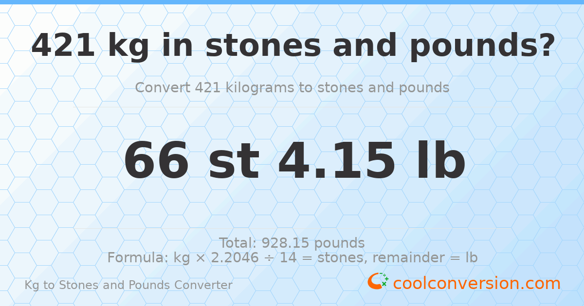 421 kg to stones and pounds — 421 kg = 66 st 4.15 lb