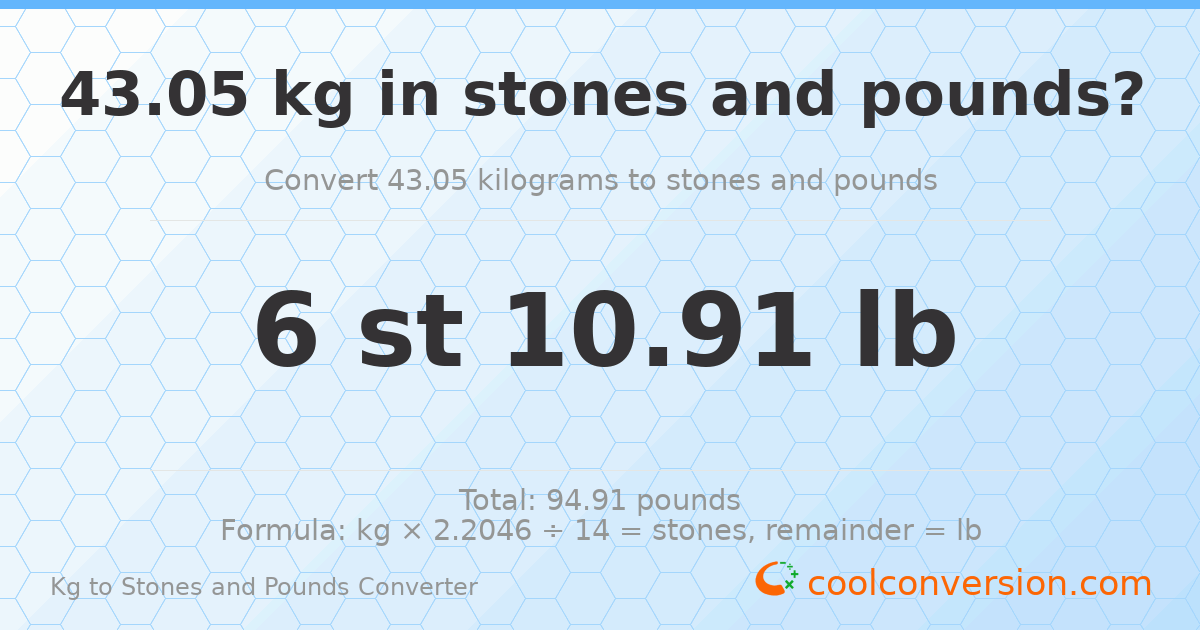 43.05 kg to stones and pounds — 43.05 kg = 6 st 10.91 lb