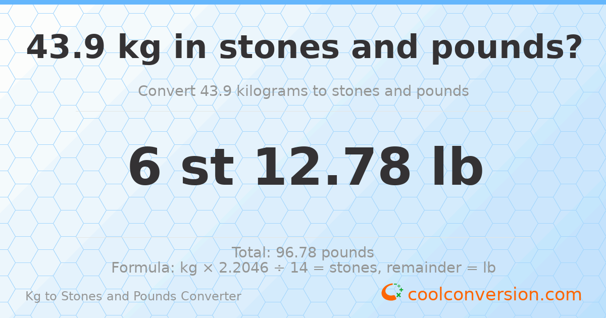 43.9 kg to stones and pounds — 43.9 kg = 6 st 12.78 lb
