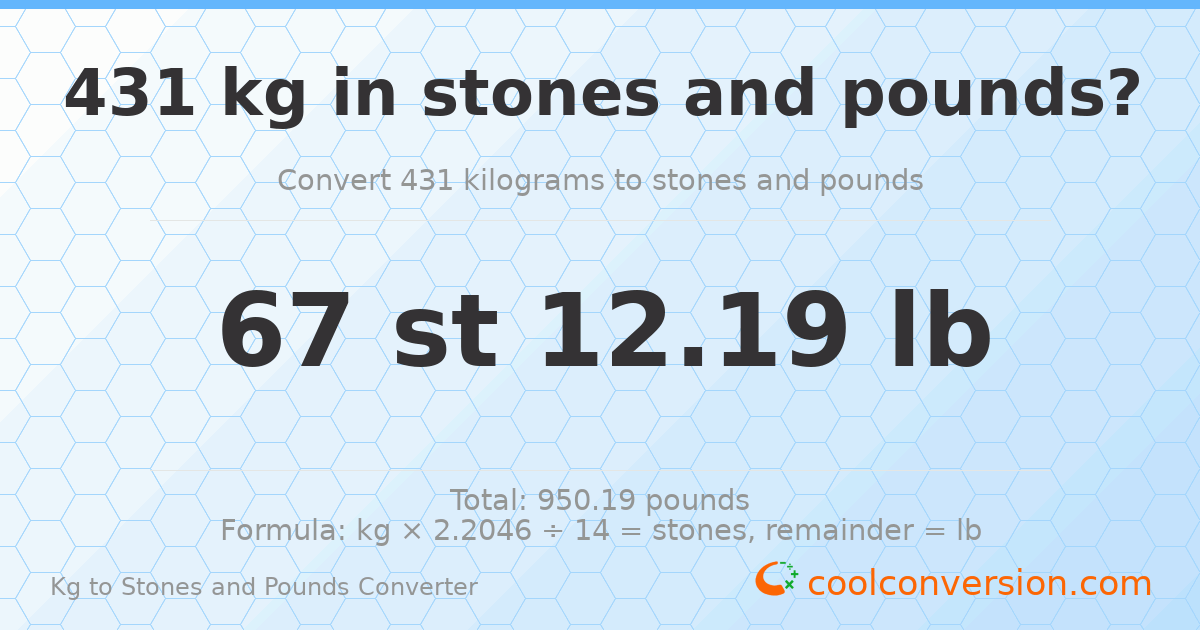 431 kg to stones and pounds — 431 kg = 67 st 12.19 lb