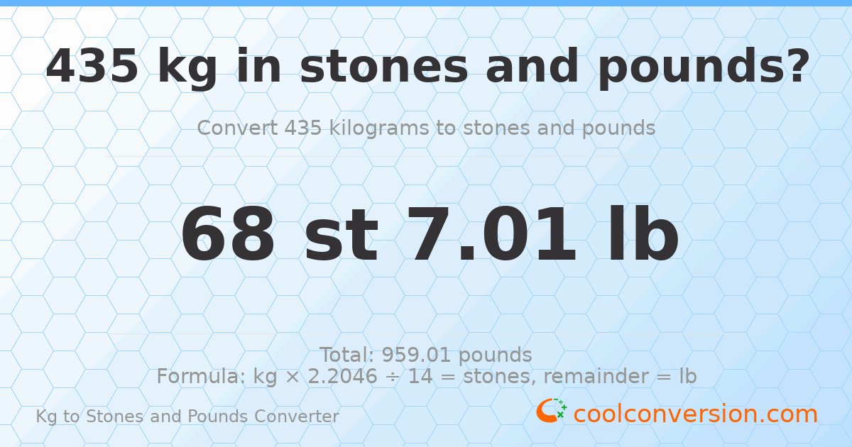 435 kg to stones and pounds — 435 kg = 68 st 7.01 lb