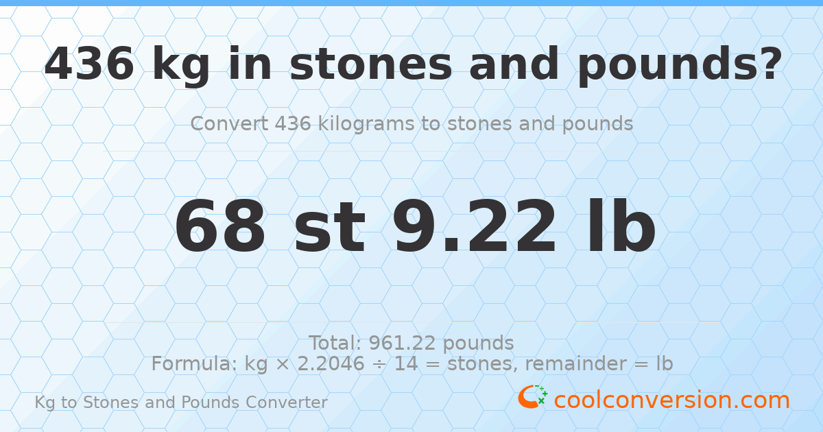 436 kg to stones and pounds — 436 kg = 68 st 9.22 lb