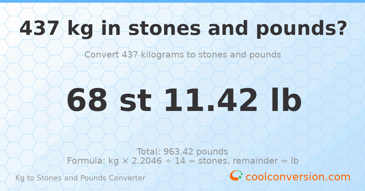 437 kg to stones and pounds — 437 kg = 68 st 11.42 lb