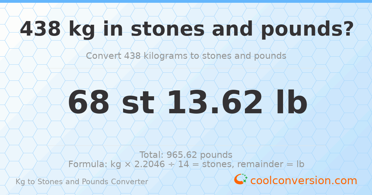 438 kg to stones and pounds — 438 kg = 68 st 13.62 lb