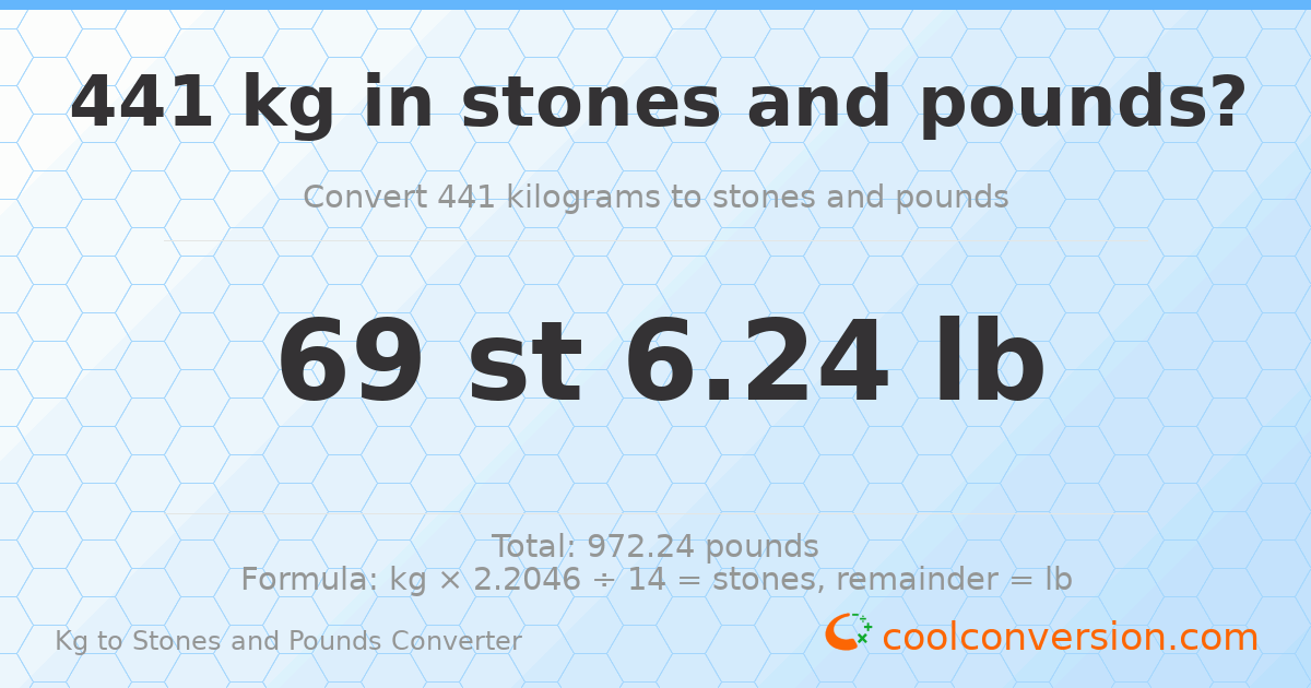 441 kg to stones and pounds — 441 kg = 69 st 6.24 lb