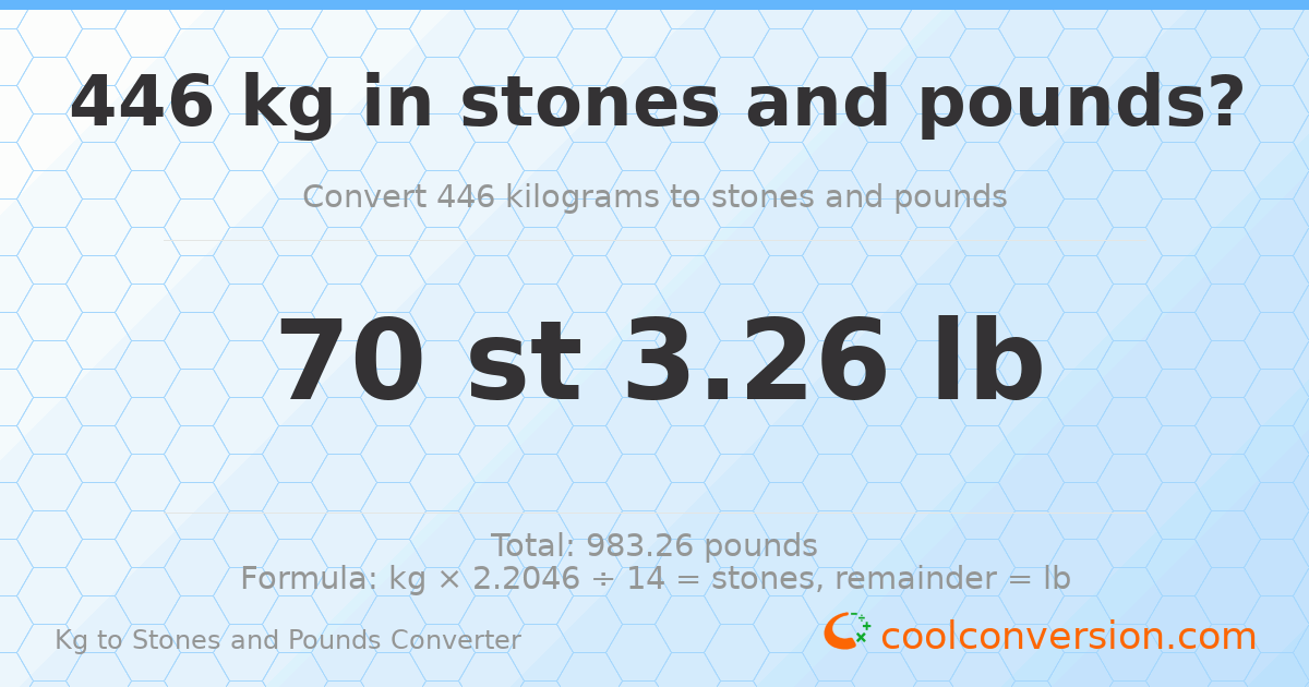 446 kg to stones and pounds — 446 kg = 70 st 3.26 lb