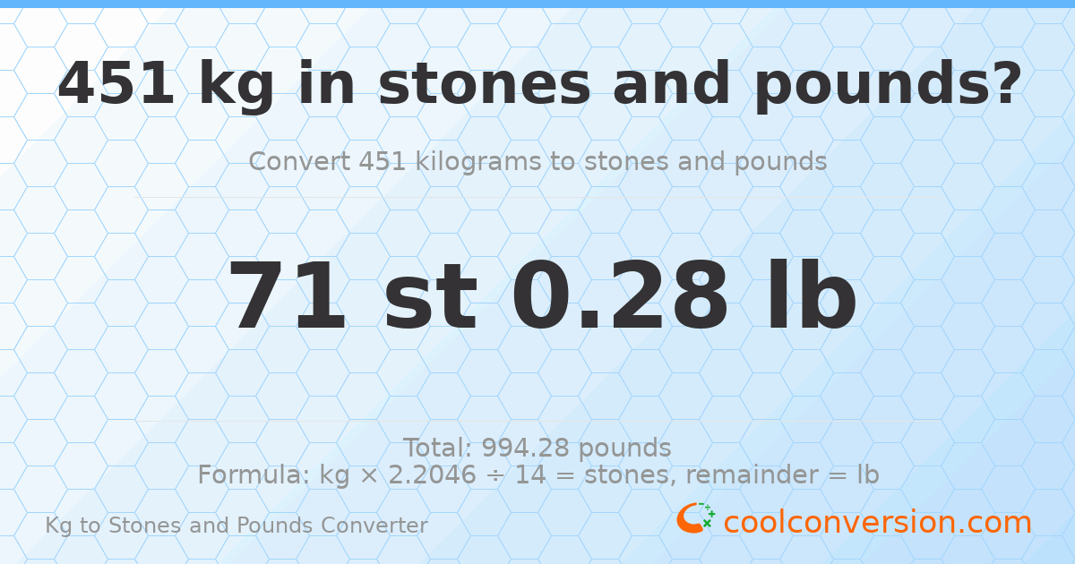 451 kg to stones and pounds — 451 kg = 71 st 0.28 lb