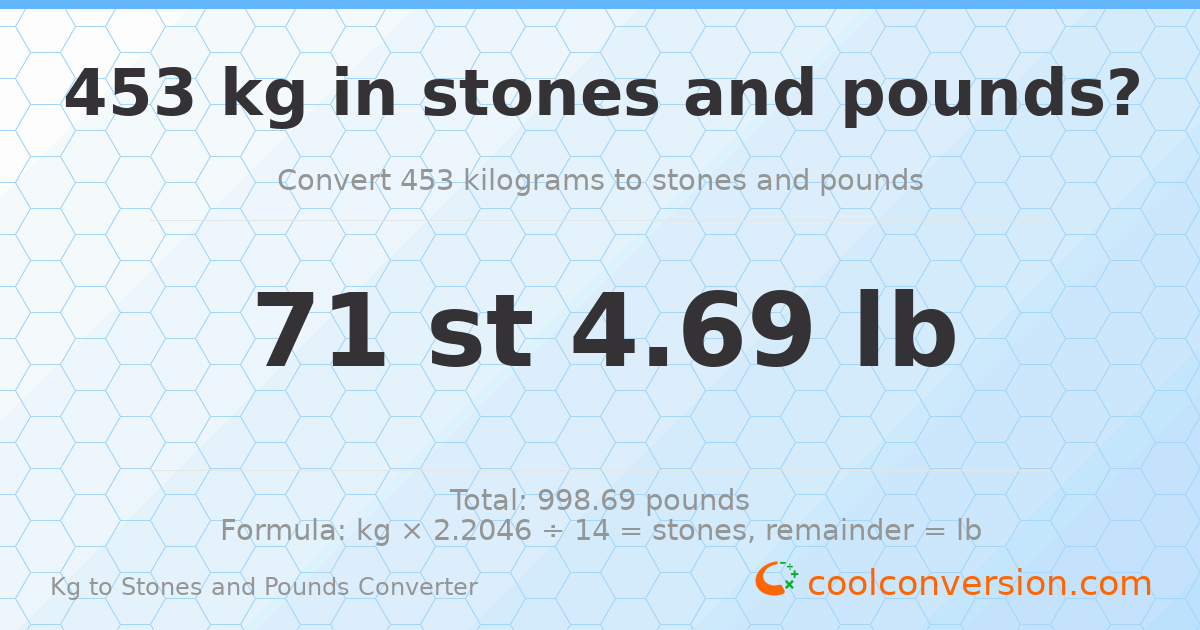 453 kg to stones and pounds — 453 kg = 71 st 4.69 lb