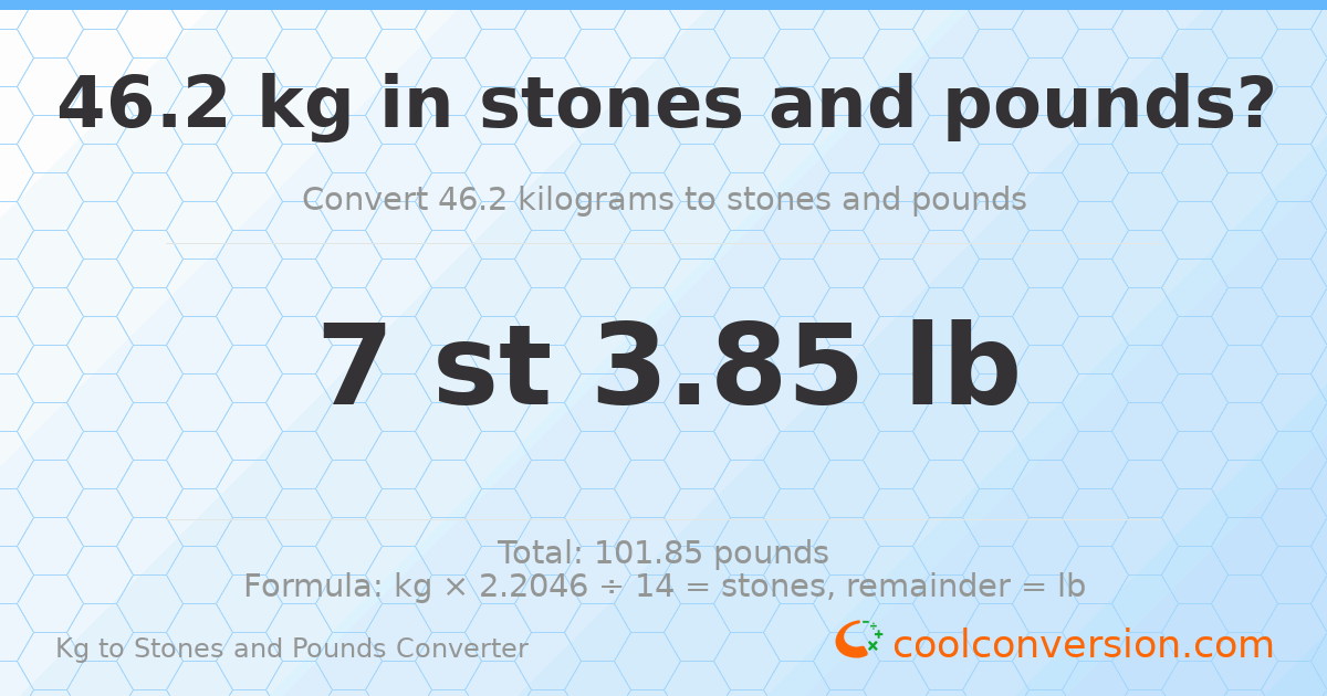 46.20 kg to stones and pounds — 46.20 kg = 7 st 3.85 lb