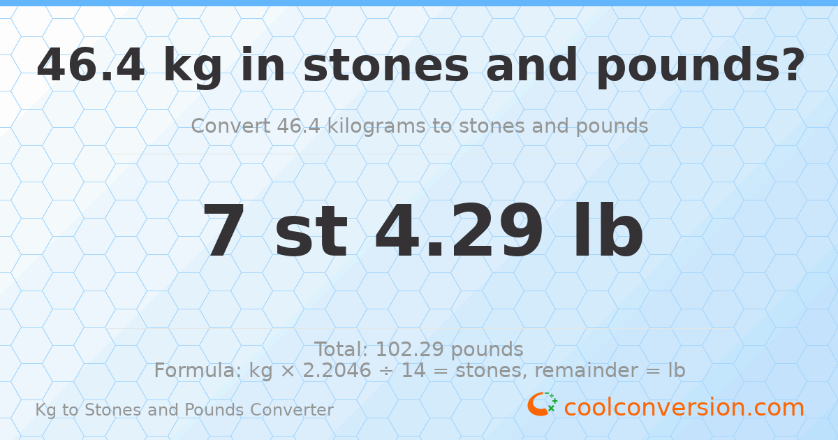 46.40 kg to stones and pounds — 46.40 kg = 7 st 4.29 lb