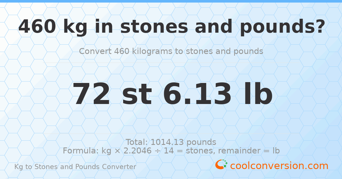 460 kg to stones and pounds — 460 kg = 72 st 6.13 lb