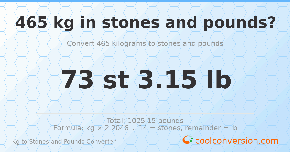 465 kg to stones and pounds — 465 kg = 73 st 3.15 lb