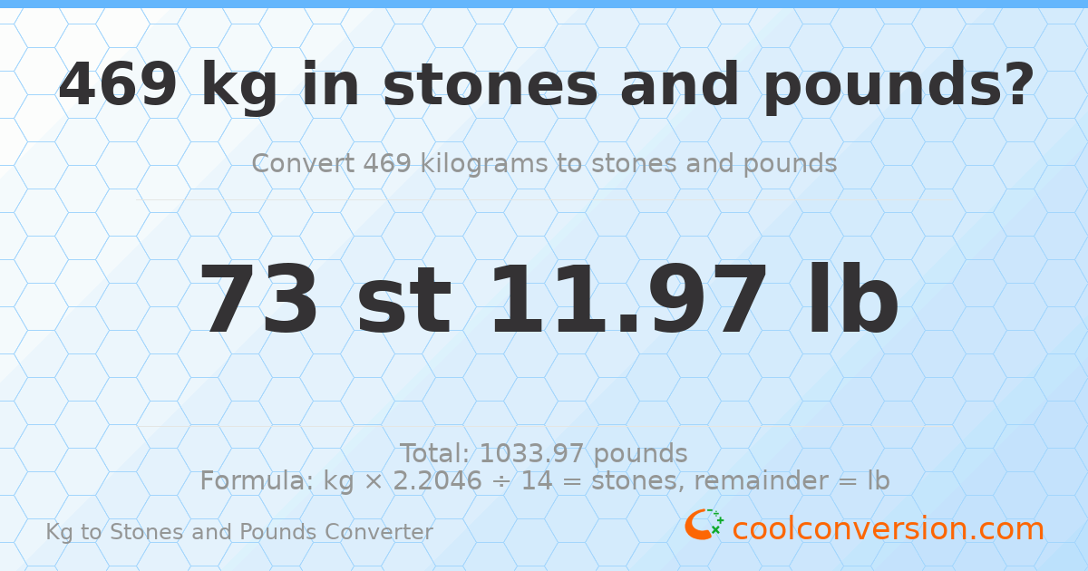 469 kg to stones and pounds — 469 kg = 73 st 11.97 lb