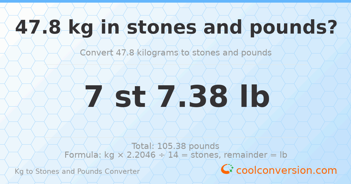47.80 kg to stones and pounds — 47.80 kg = 7 st 7.38 lb