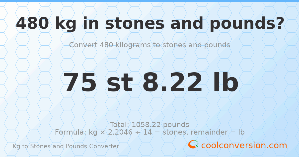 480 kg to stones and pounds — 480 kg = 75 st 8.22 lb