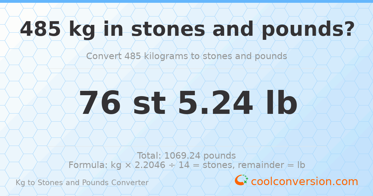 485 kg to stones and pounds — 485 kg = 76 st 5.24 lb