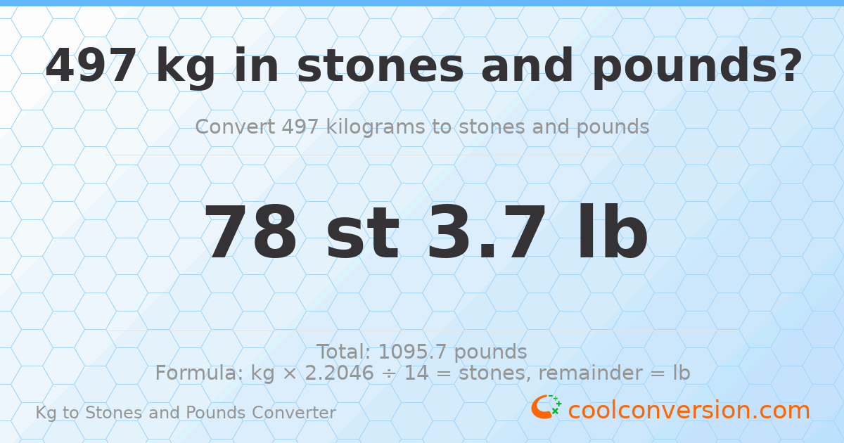 497 kg to stones and pounds — 497 kg = 78 st 3.70 lb