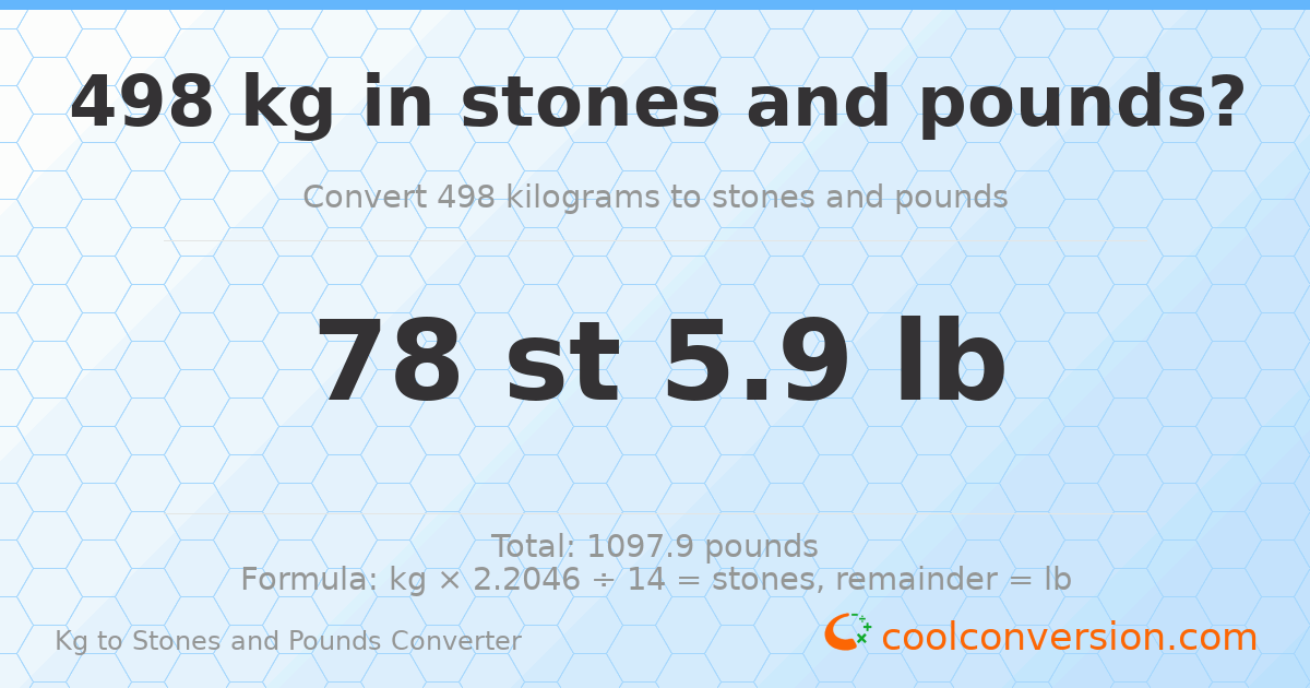 498 kg to stones and pounds — 498 kg = 78 st 5.90 lb