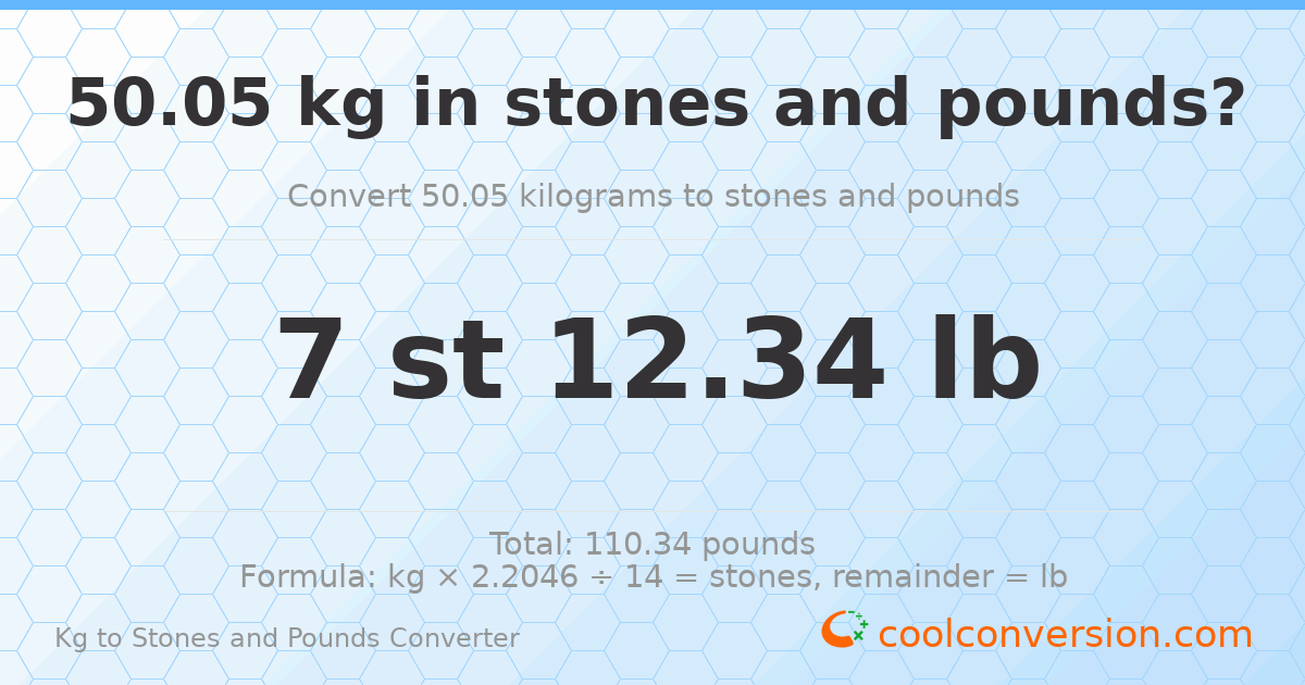 50.05 kg to stones and pounds — 50.05 kg = 7 st 12.34 lb