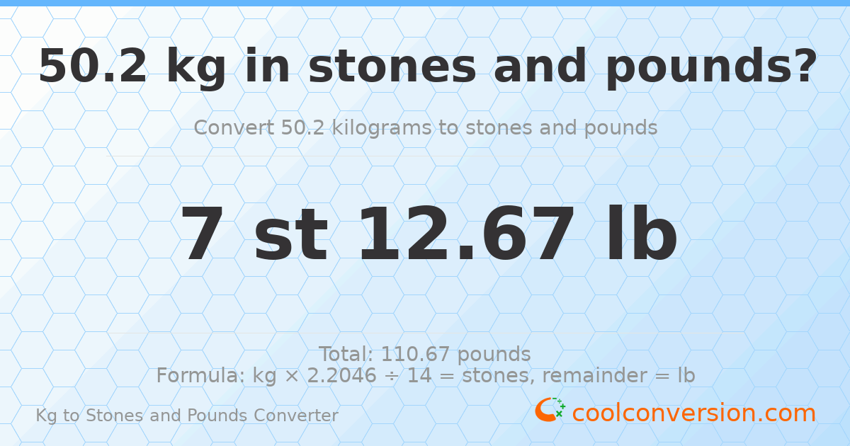 50.20 kg to stones and pounds — 50.20 kg = 7 st 12.67 lb