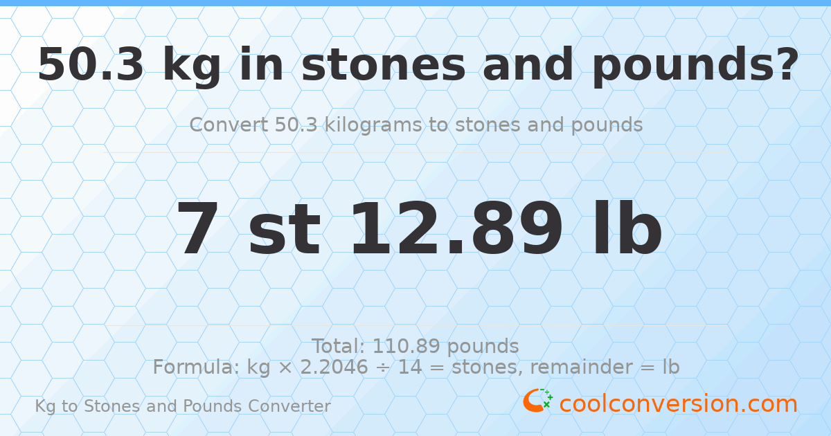 50.30 kg to stones and pounds — 50.30 kg = 7 st 12.89 lb