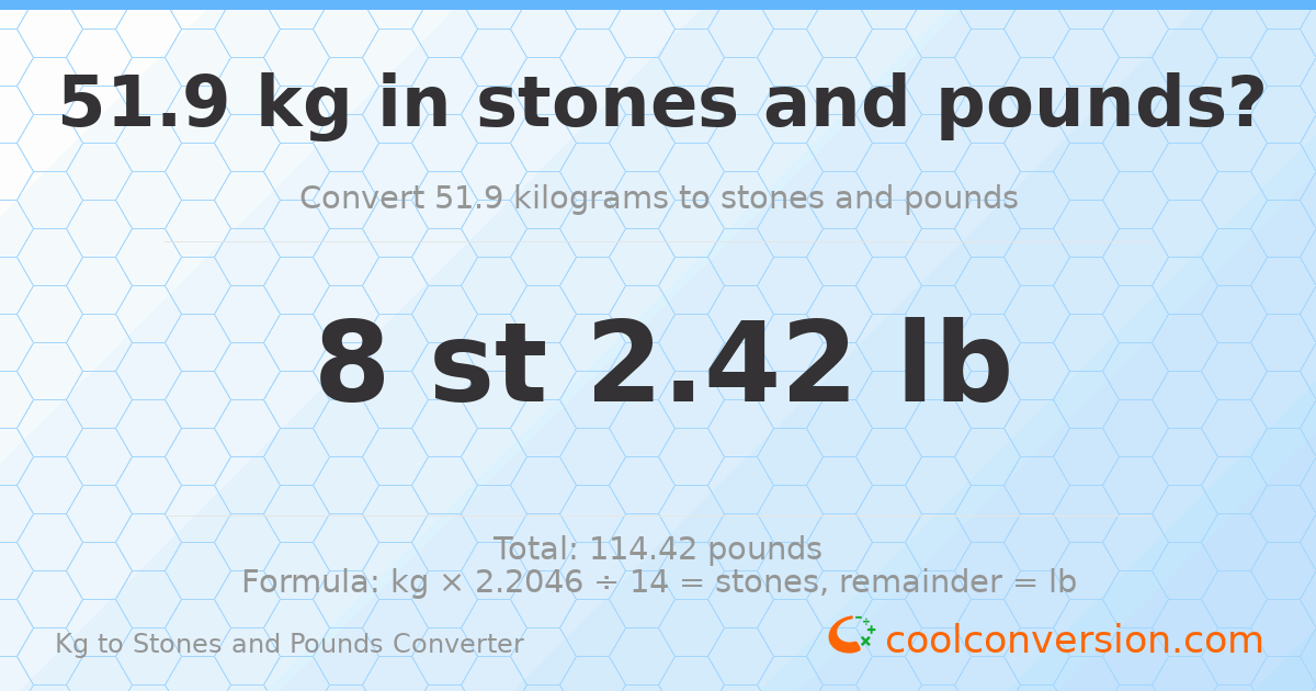 51.90 kg to stones and pounds — 51.90 kg = 8 st 2.42 lb