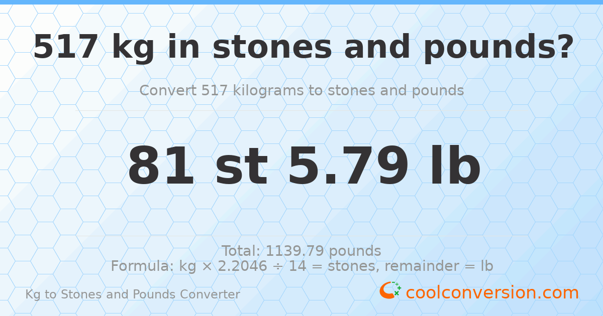 517 kg to stones and pounds — 517 kg = 81 st 5.79 lb