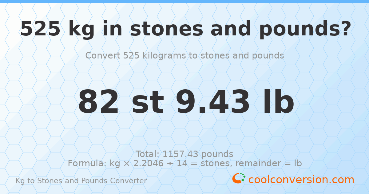 525 kg to stones and pounds — 525 kg = 82 st 9.43 lb