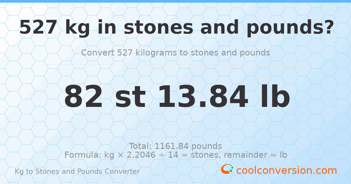 527 kg to stones and pounds — 527 kg = 82 st 13.84 lb