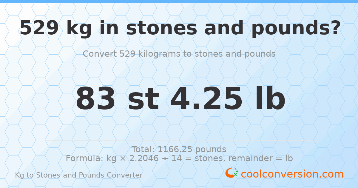 529 kg to stones and pounds — 529 kg = 83 st 4.25 lb