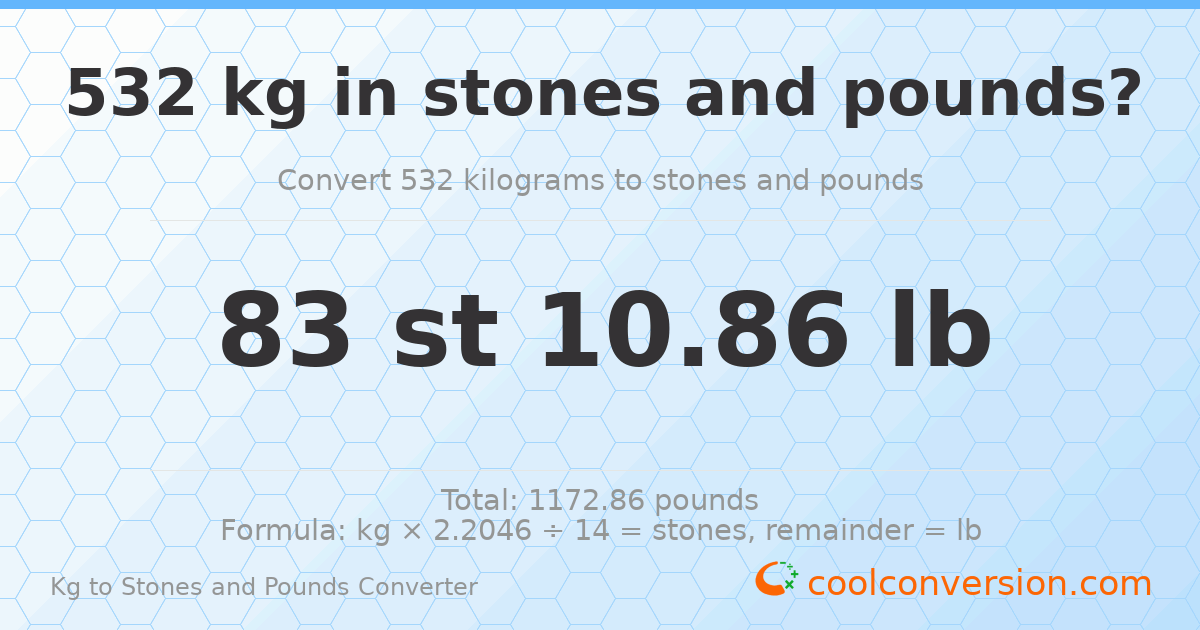 532 kg to stones and pounds — 532 kg = 83 st 10.86 lb