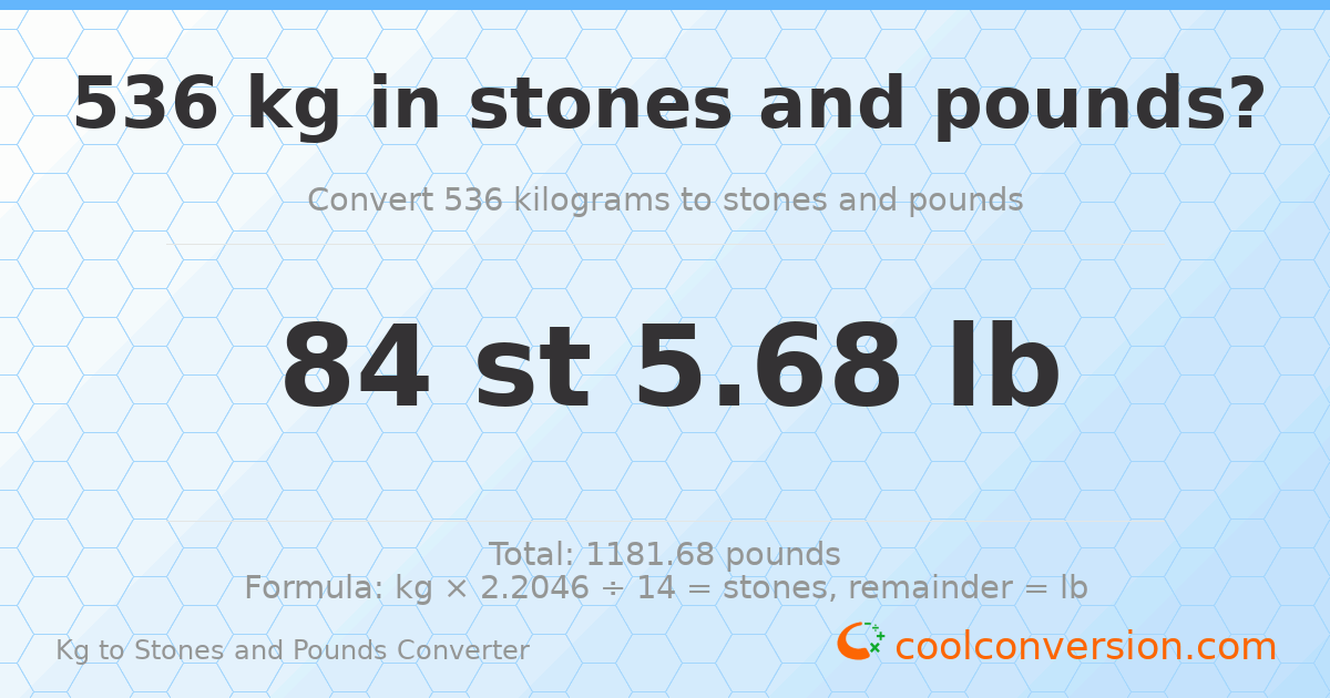 536 kg to stones and pounds — 536 kg = 84 st 5.68 lb