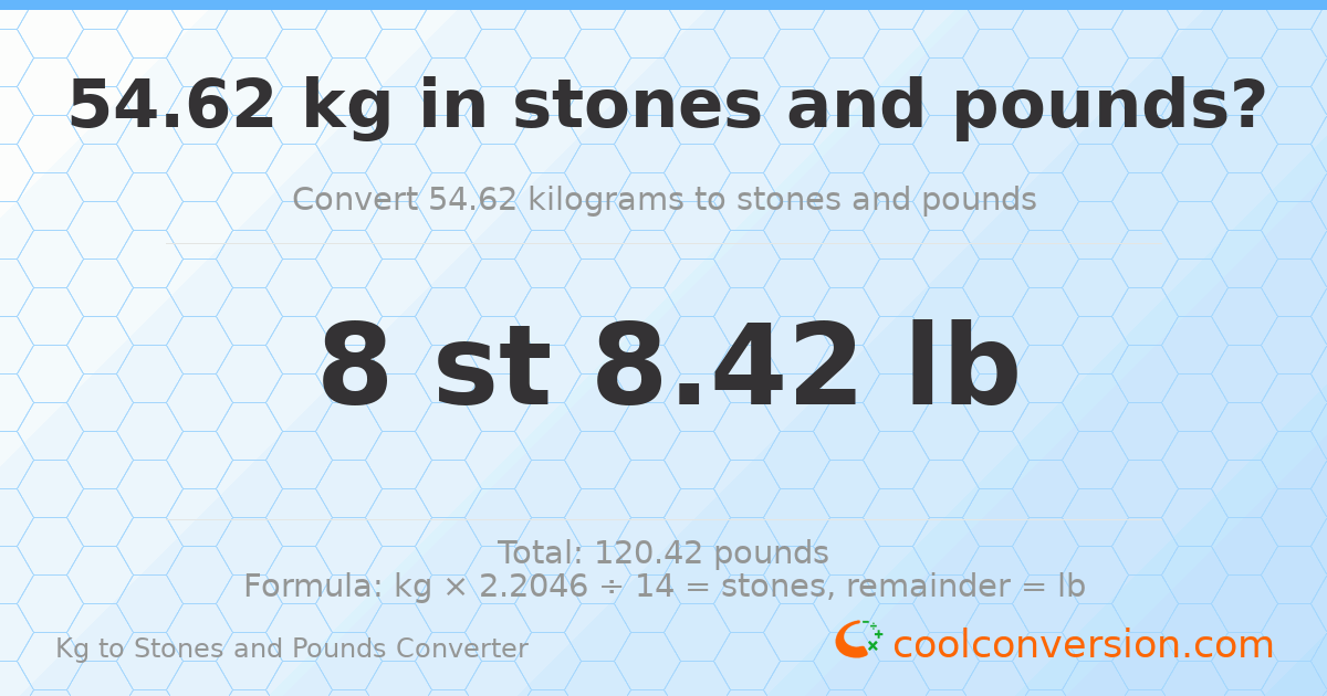 54.62 kg to stones and pounds — 54.62 kg = 8 st 8.42 lb