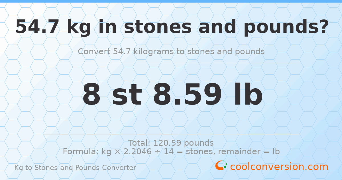 54.70 kg to stones and pounds — 54.70 kg = 8 st 8.59 lb