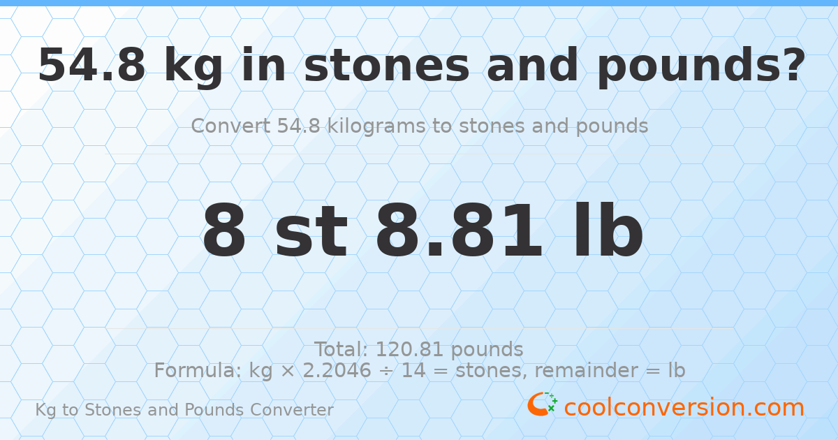 54.80 kg to stones and pounds — 54.80 kg = 8 st 8.81 lb