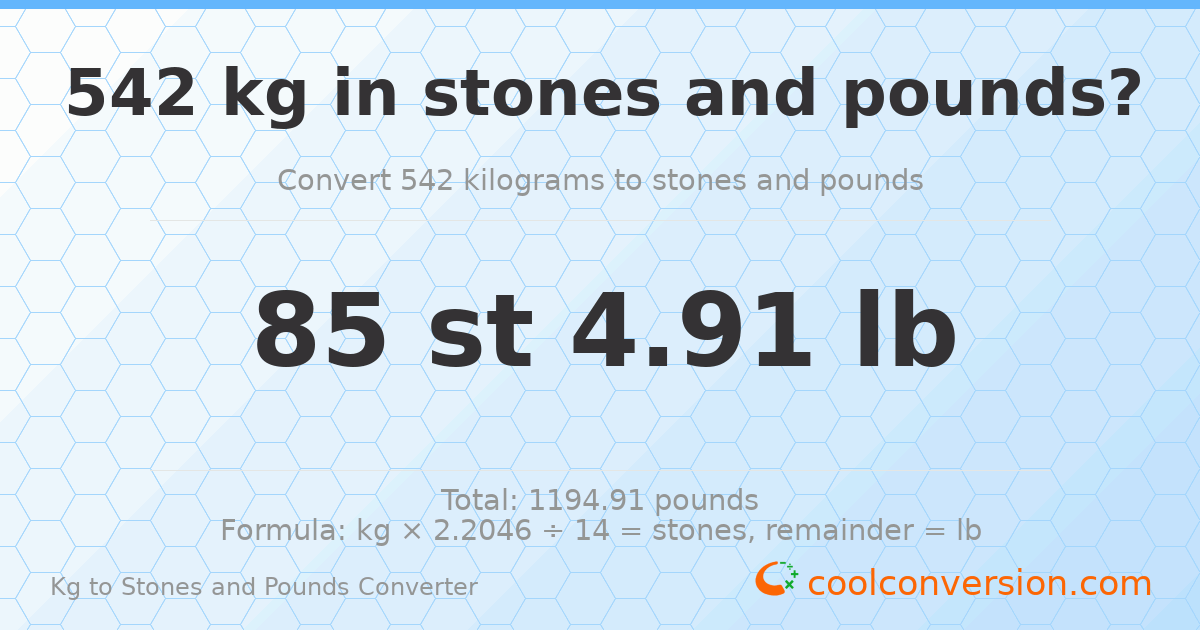 542 kg to stones and pounds — 542 kg = 85 st 4.91 lb