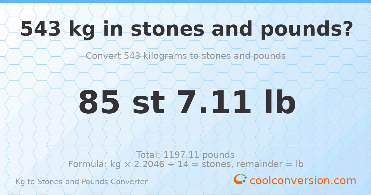543 kg to stones and pounds — 543 kg = 85 st 7.11 lb