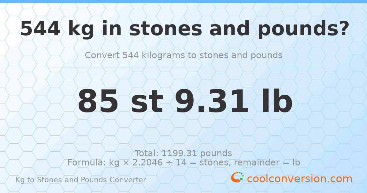 544 kg to stones and pounds — 544 kg = 85 st 9.31 lb