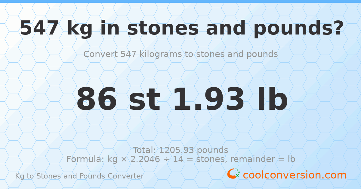 547 kg to stones and pounds — 547 kg = 86 st 1.93 lb