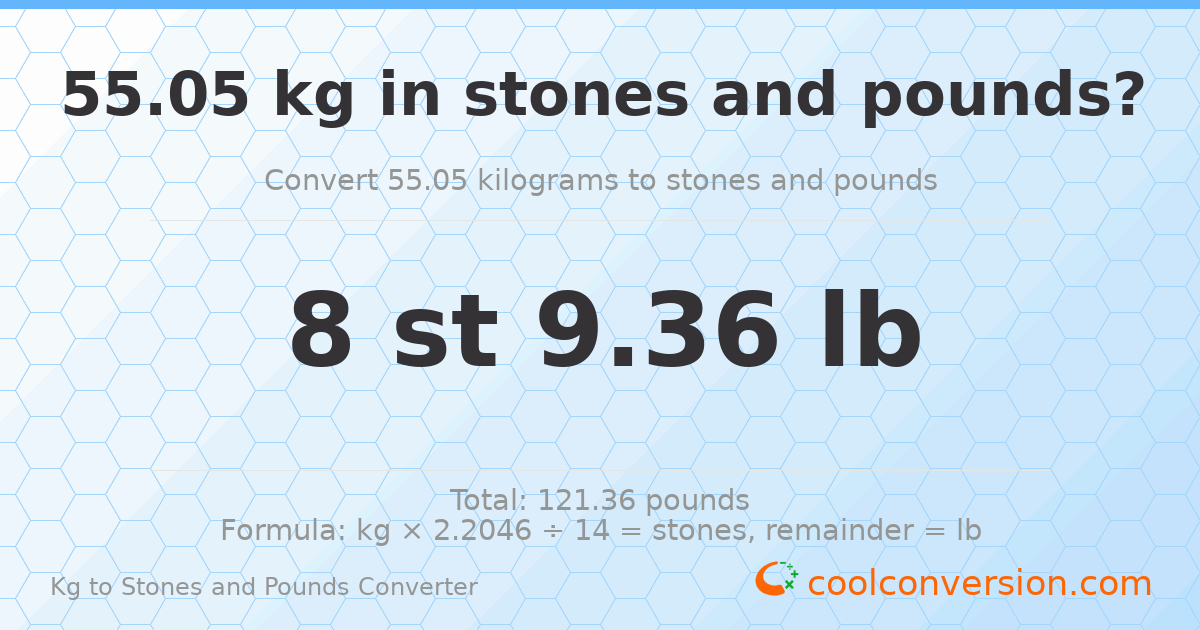 55.05 kg to stones and pounds — 55.05 kg = 8 st 9.36 lb