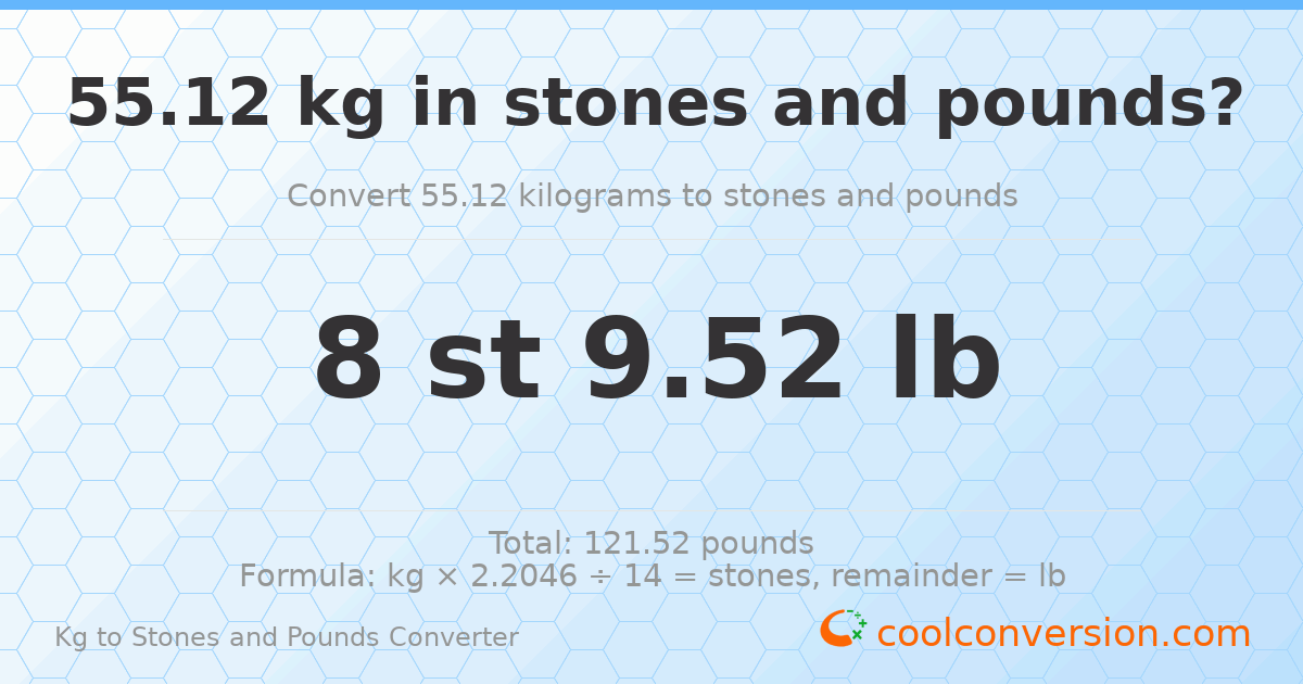 55.12 kg to stones and pounds — 55.12 kg = 8 st 9.52 lb