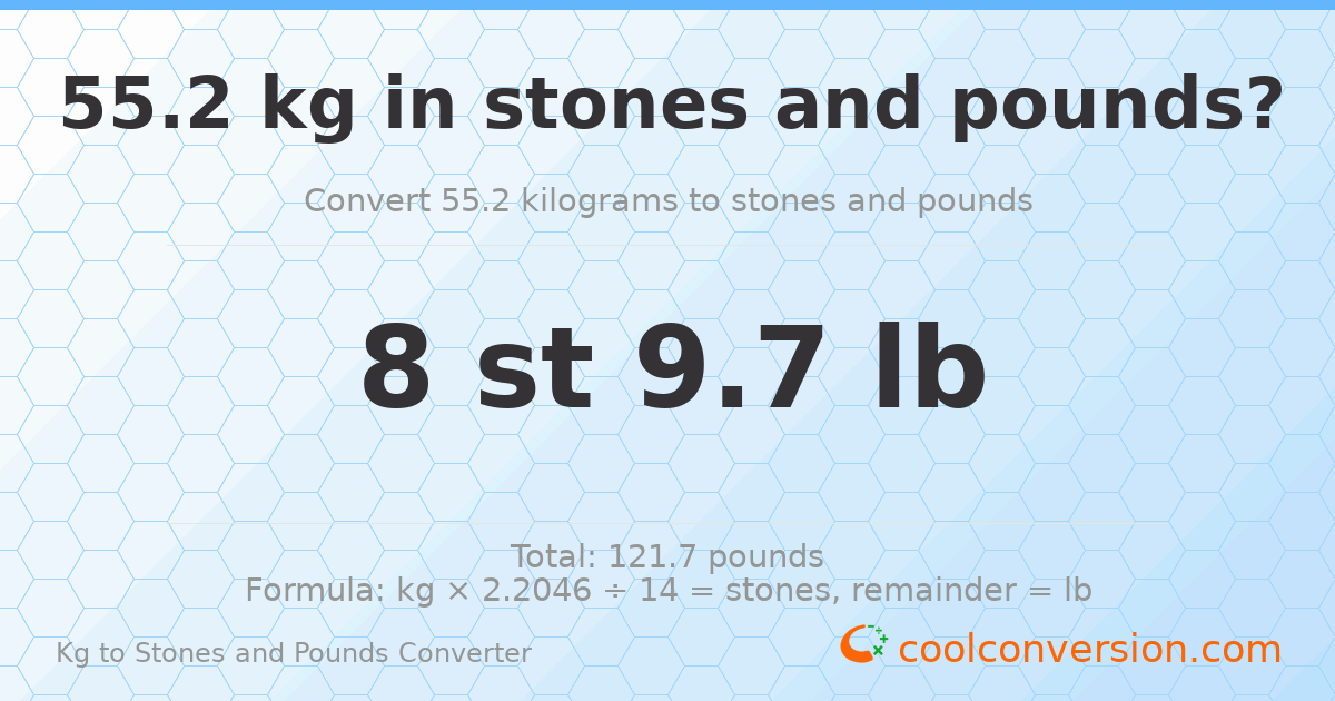 55.2 kg to stones and pounds — 55.2 kg = 8 st 9.70 lb