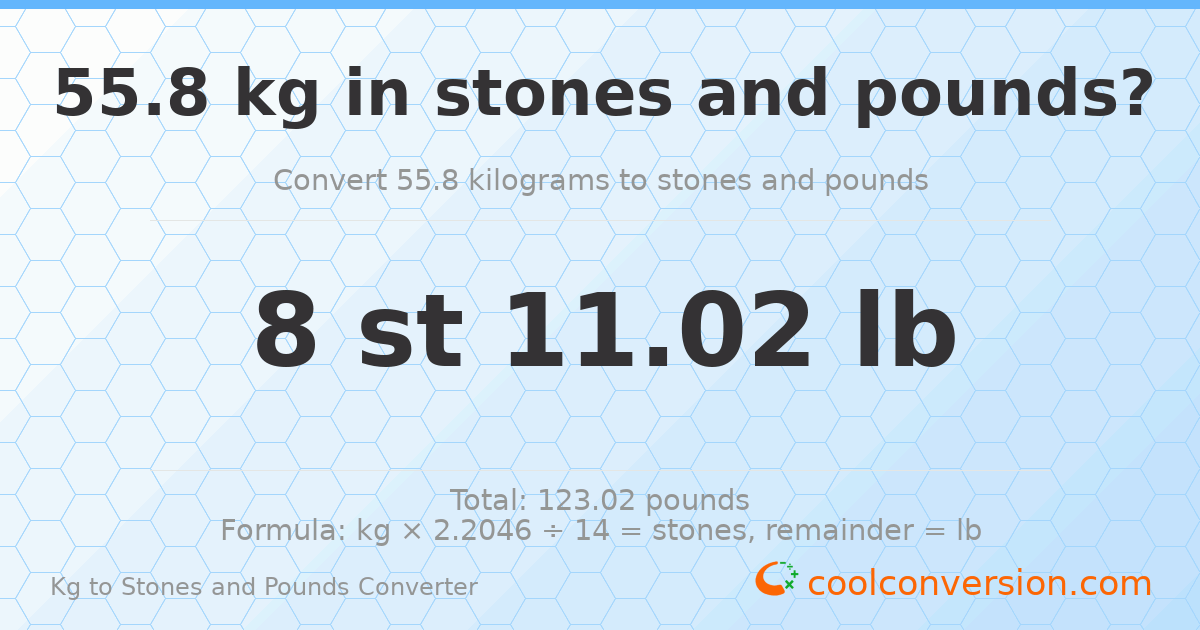 55.80 kg to stones and pounds — 55.80 kg = 8 st 11.02 lb
