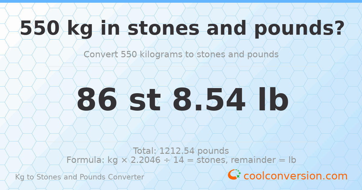 550 kg to stones and pounds — 550 kg = 86 st 8.54 lb