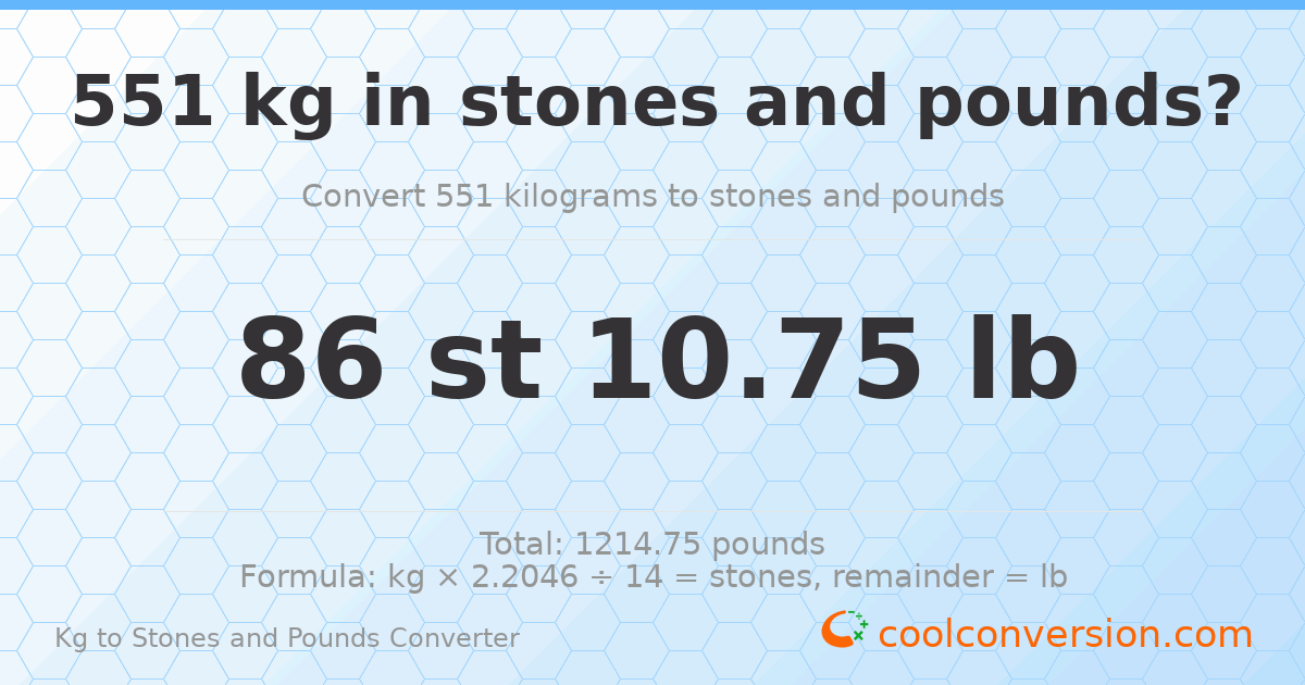551 kg to stones and pounds — 551 kg = 86 st 10.75 lb