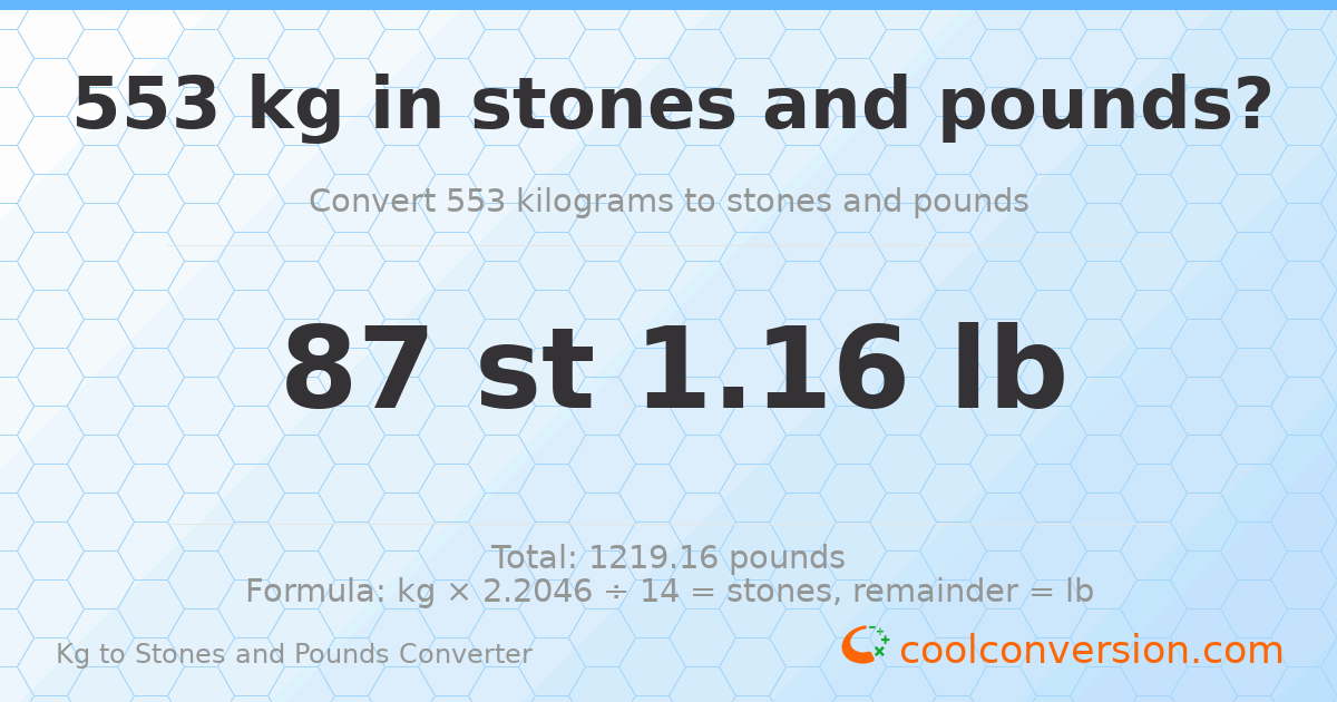 553 kg to stones and pounds — 553 kg = 87 st 1.16 lb