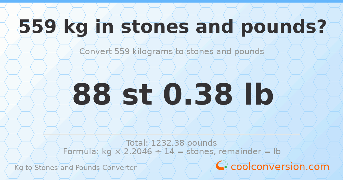 559 kg to stones and pounds — 559 kg = 88 st 0.38 lb